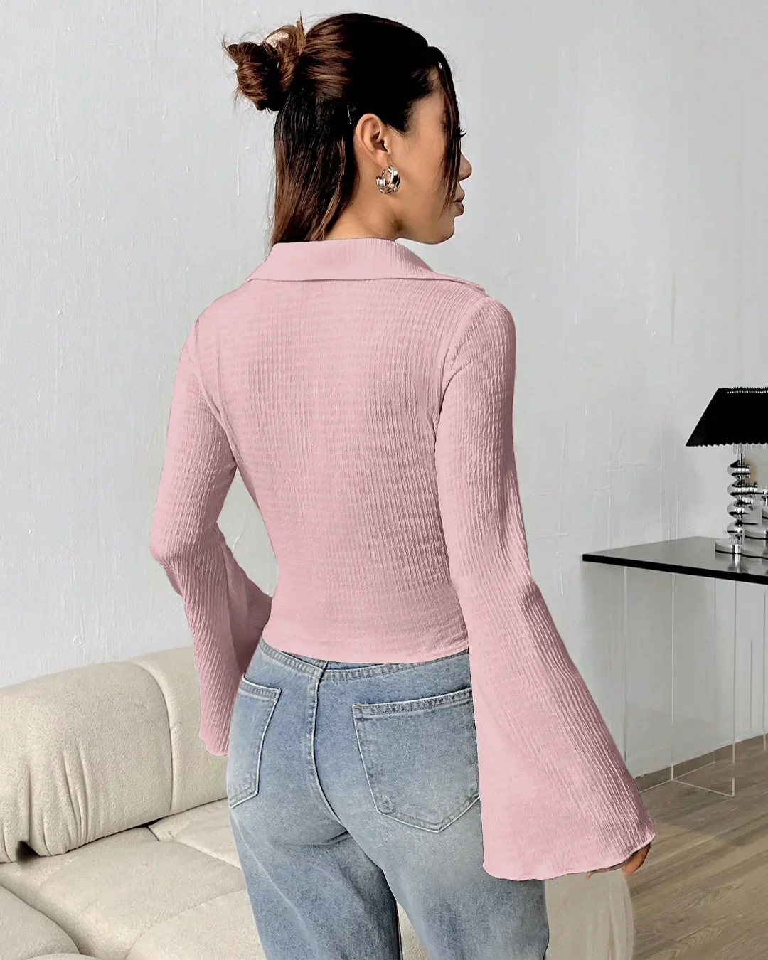 Slim Fit Button Down Top with Flared Sleeves in Baby Pink - Image 3