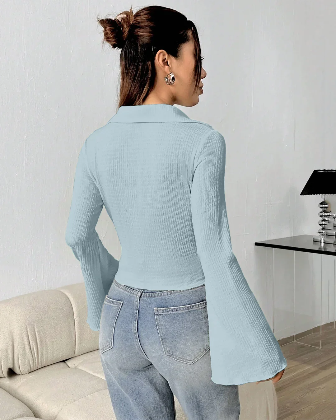 Flared Sleeve V Neck Button Front Knit Top in Blue - Image 3