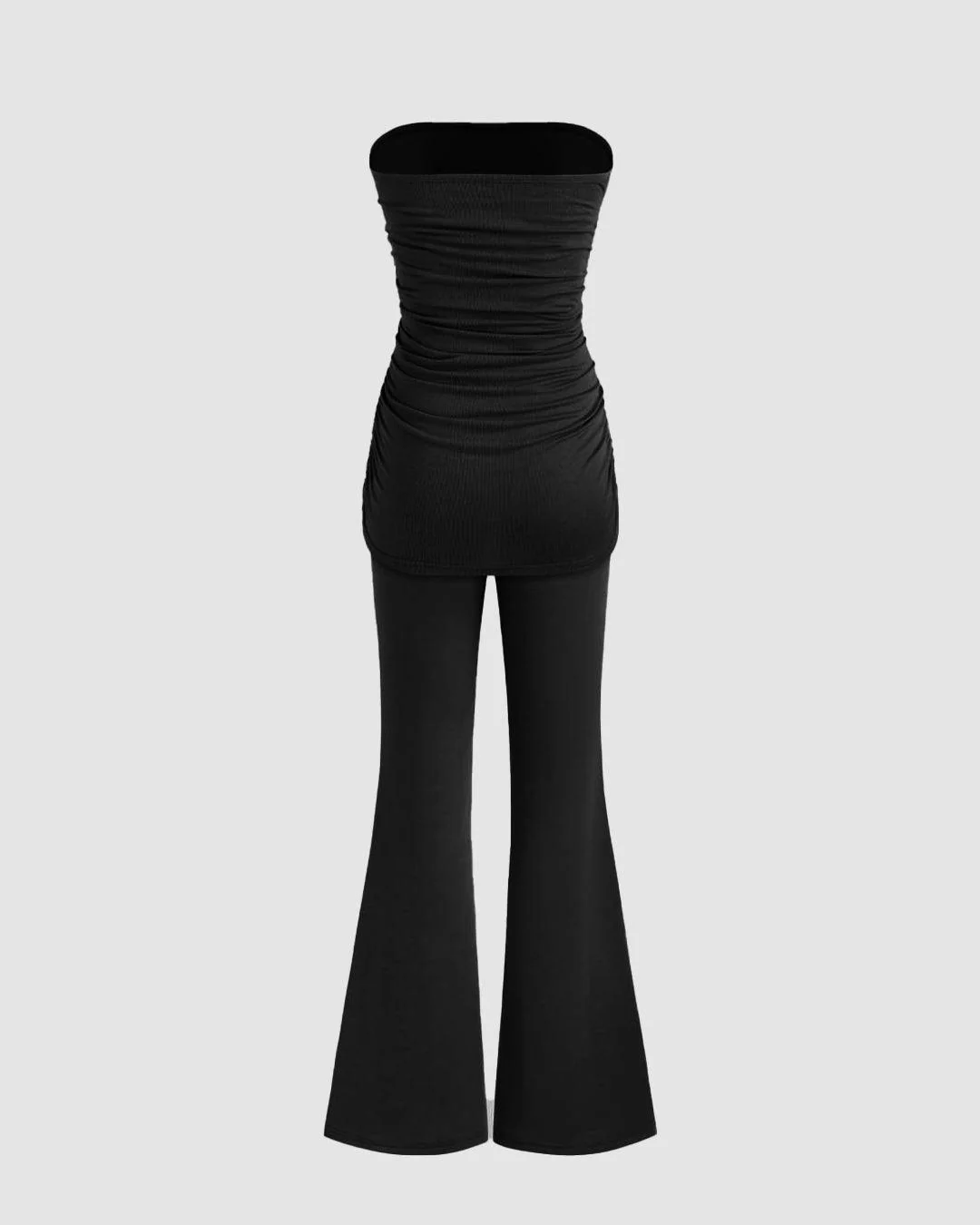 Ribbed Tube Ruched Top & Flare Pants In Black - Image 2