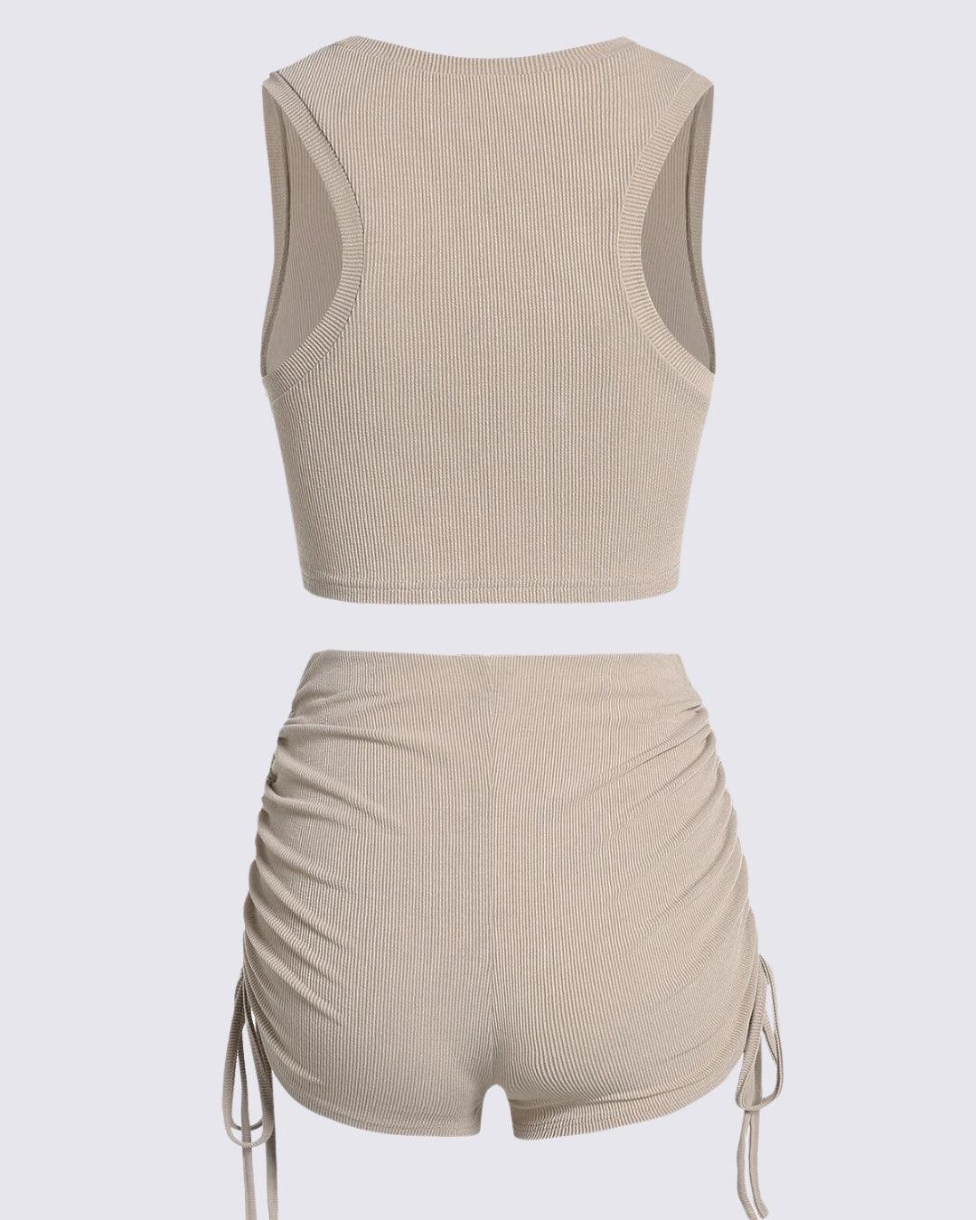 Ribbed Twisted Racerback Crop Tank Top With Cinched Side High Waisted Skinny Shorts Set In Apricot - Image 2
