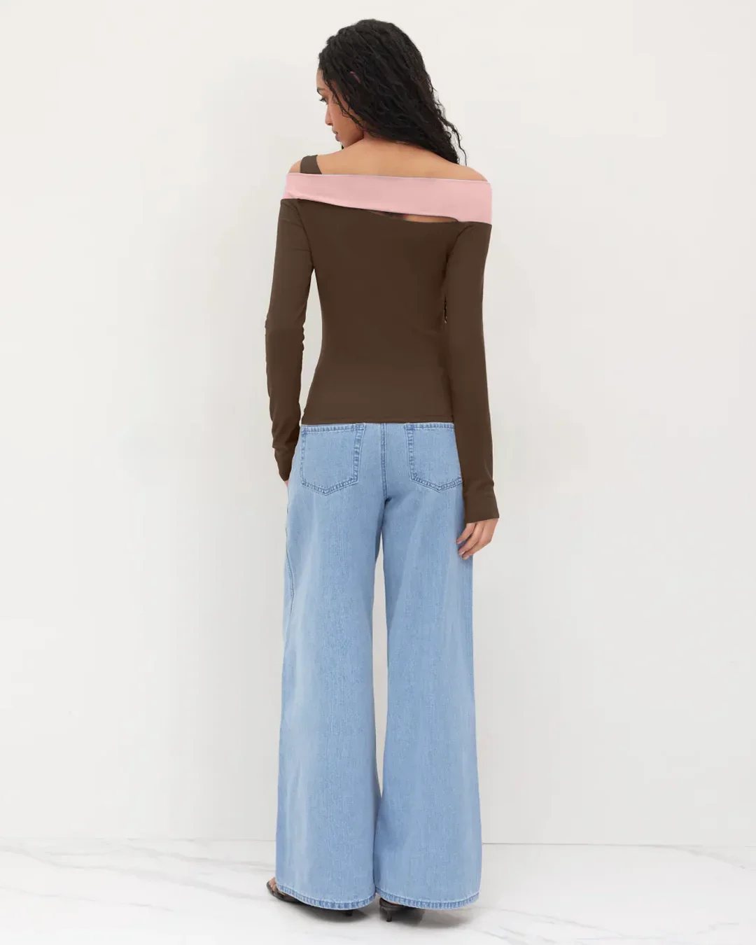 Rose and Brown Color block Off Shoulder Full Sleeve Top - Image 4