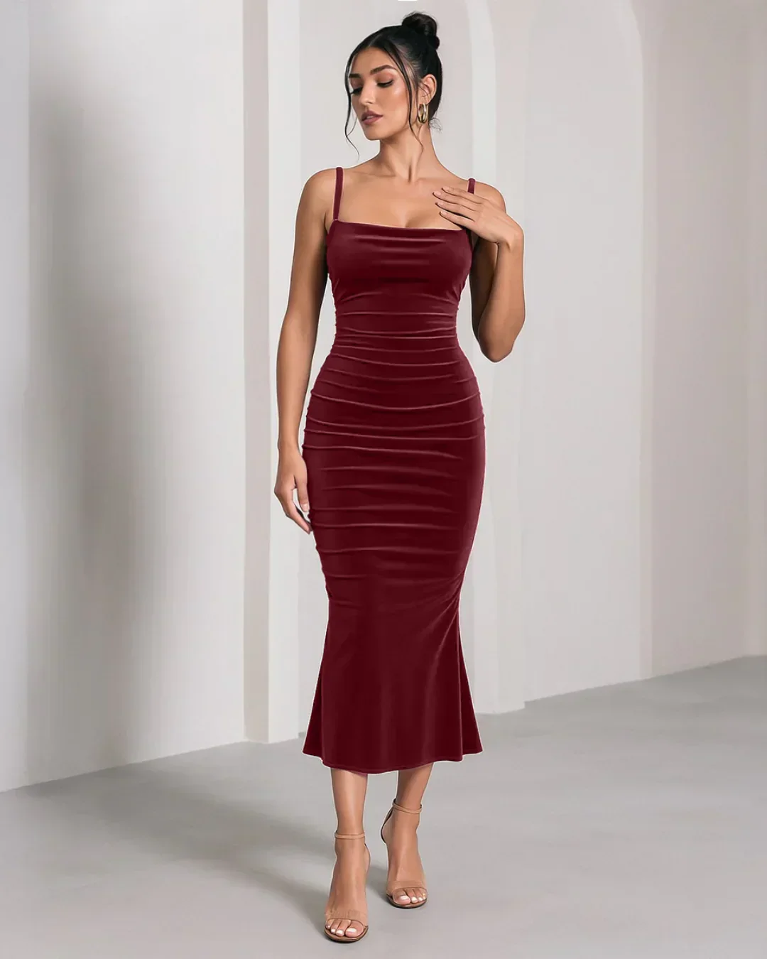 Rose Color Spaghetti Strap Ruched Mermaid Dress - Image 3