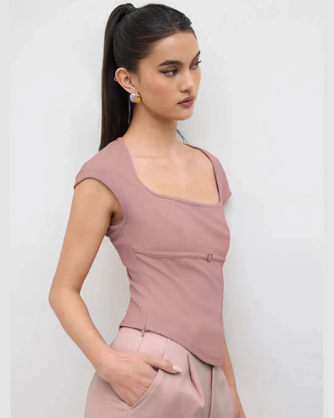 Rose Pink Square Neck Short Sleeve Fitted Top - Image 3