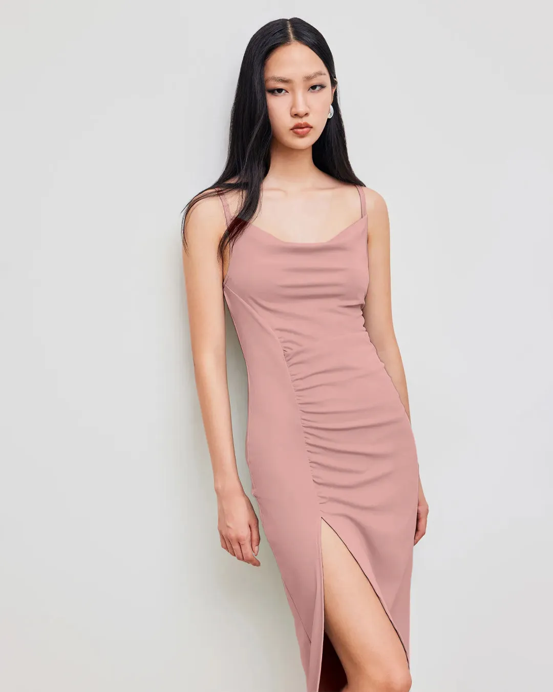 Rose Ruched Bodycon Midi Dress with Spaghetti Straps - Image 3