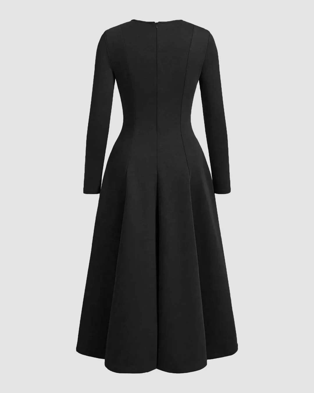 Round Neck Fit & Flare Solid Long Sleeve Midi Dress in Black - Image 2