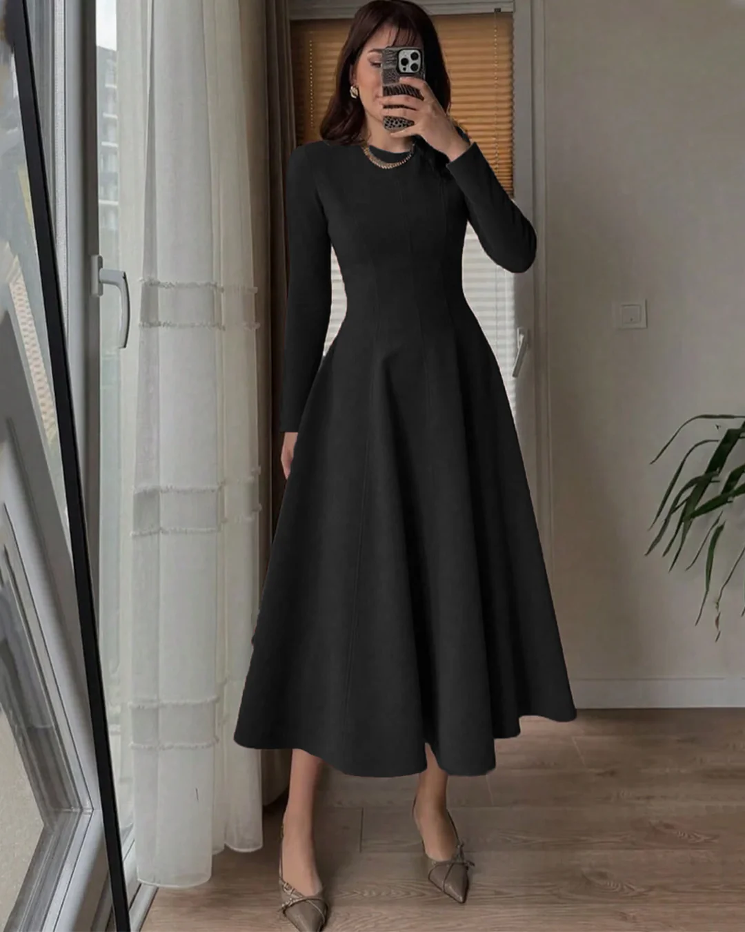 Round Neck Fit & Flare Solid Long Sleeve Midi Dress in Black - Image 3