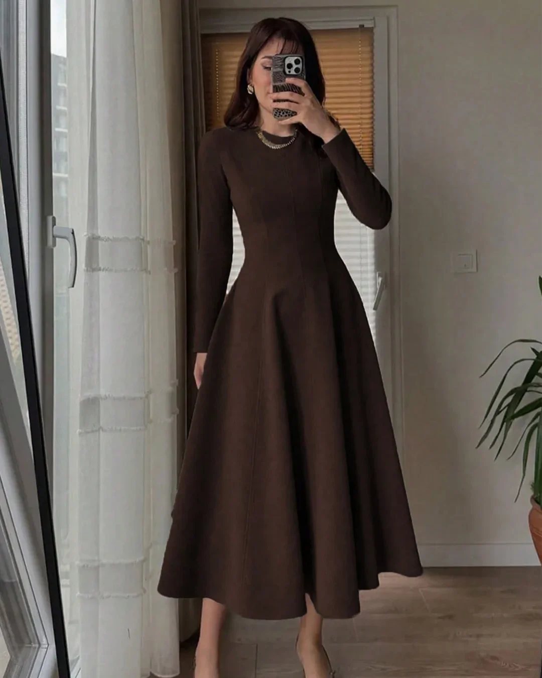 Round Neck Fit & Flare Solid Long Sleeve Midi Dress in Brown - Image 2