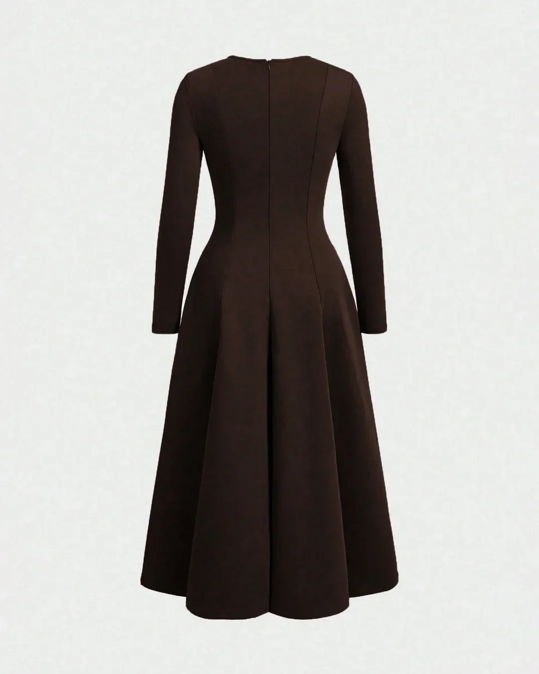 Round Neck Fit & Flare Solid Long Sleeve Midi Dress in Brown - Image 3