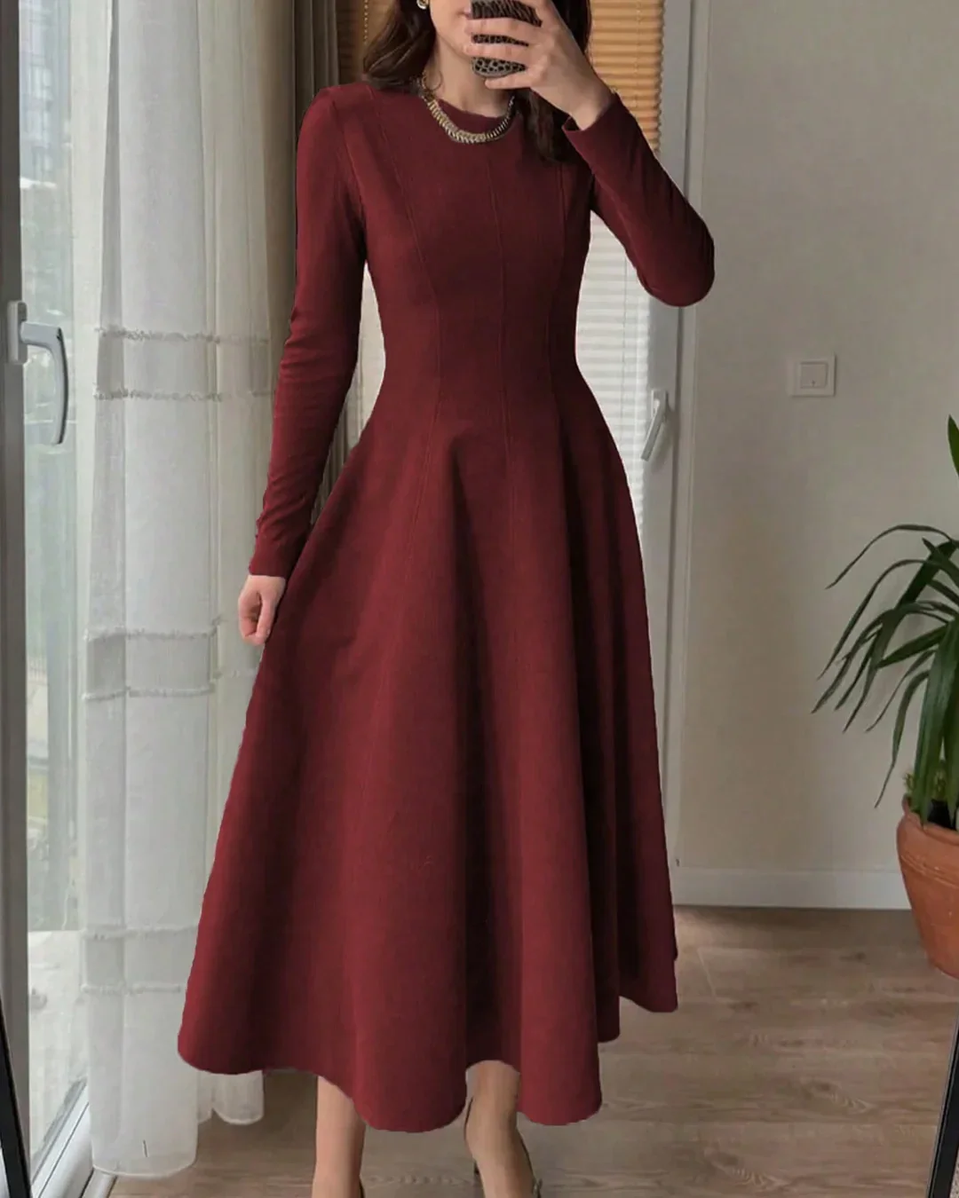 Round Neck Fit & Flare Solid Long Sleeve Midi Dress in Merlot - Image 2