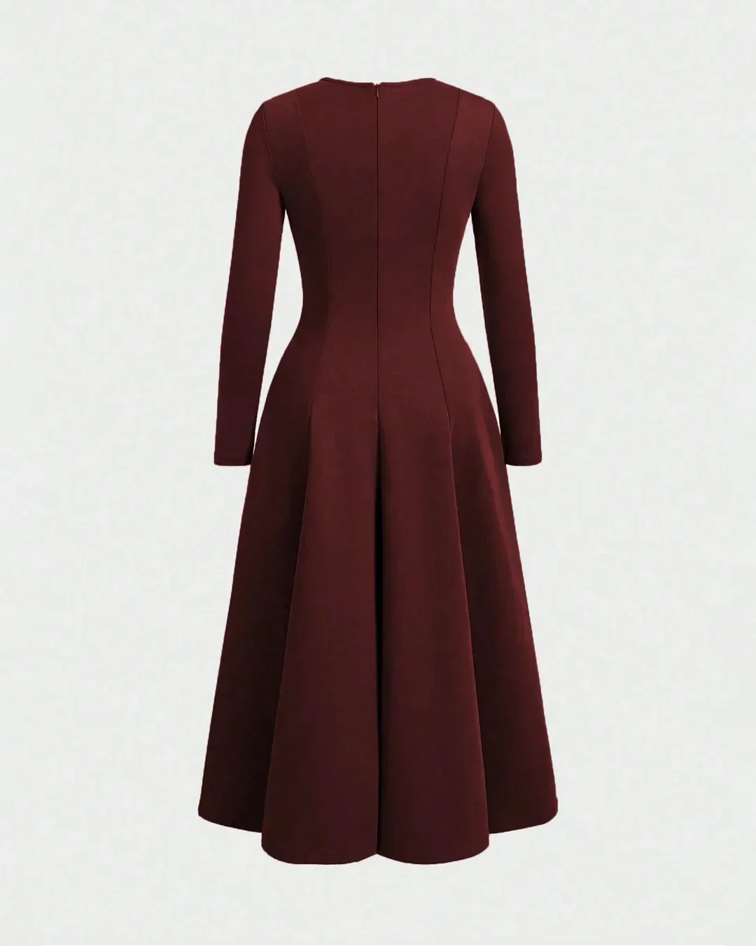 Round Neck Fit & Flare Solid Long Sleeve Midi Dress in Merlot - Image 3