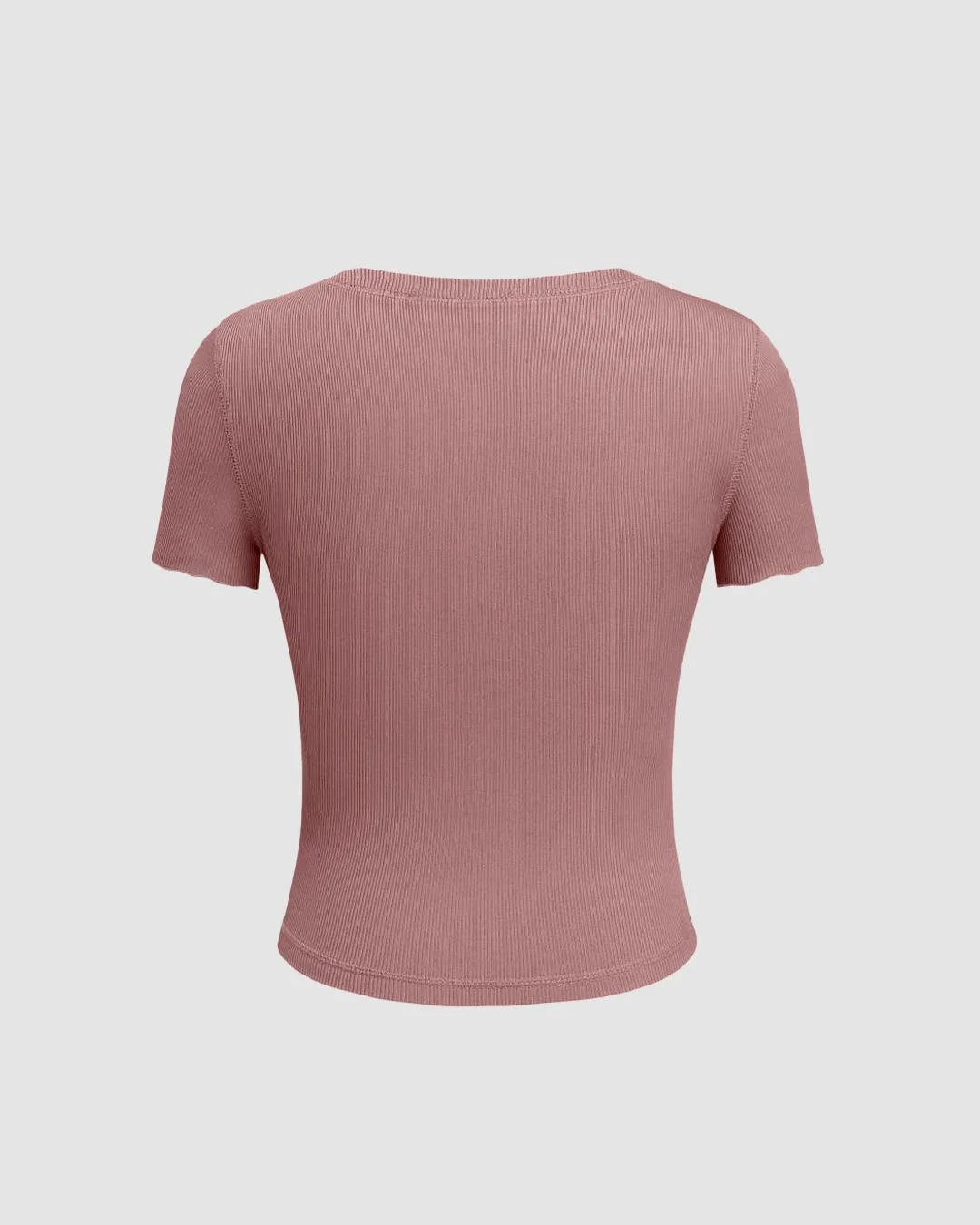 Round Neck Front Button Short Sleeve Dusty Pink T-shirt - Image 2