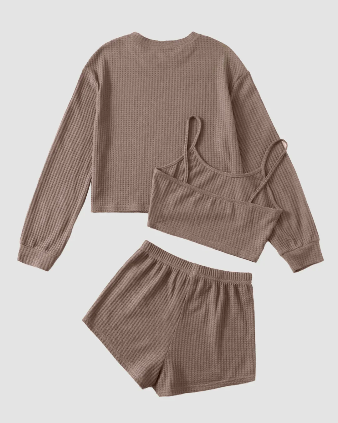 Round Neck Knit Top Cami and Shorts Lounge Outfit Three Piece Set in Brown - Image 2