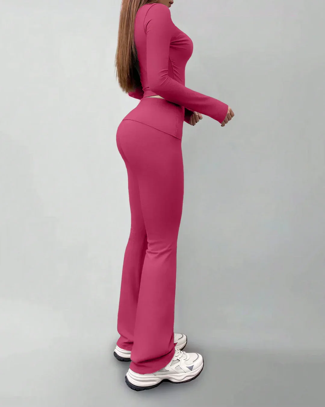 Round Neck Long Sleeve Fitted Top & Straight-Leg Pants Set in Ruby - Image 2