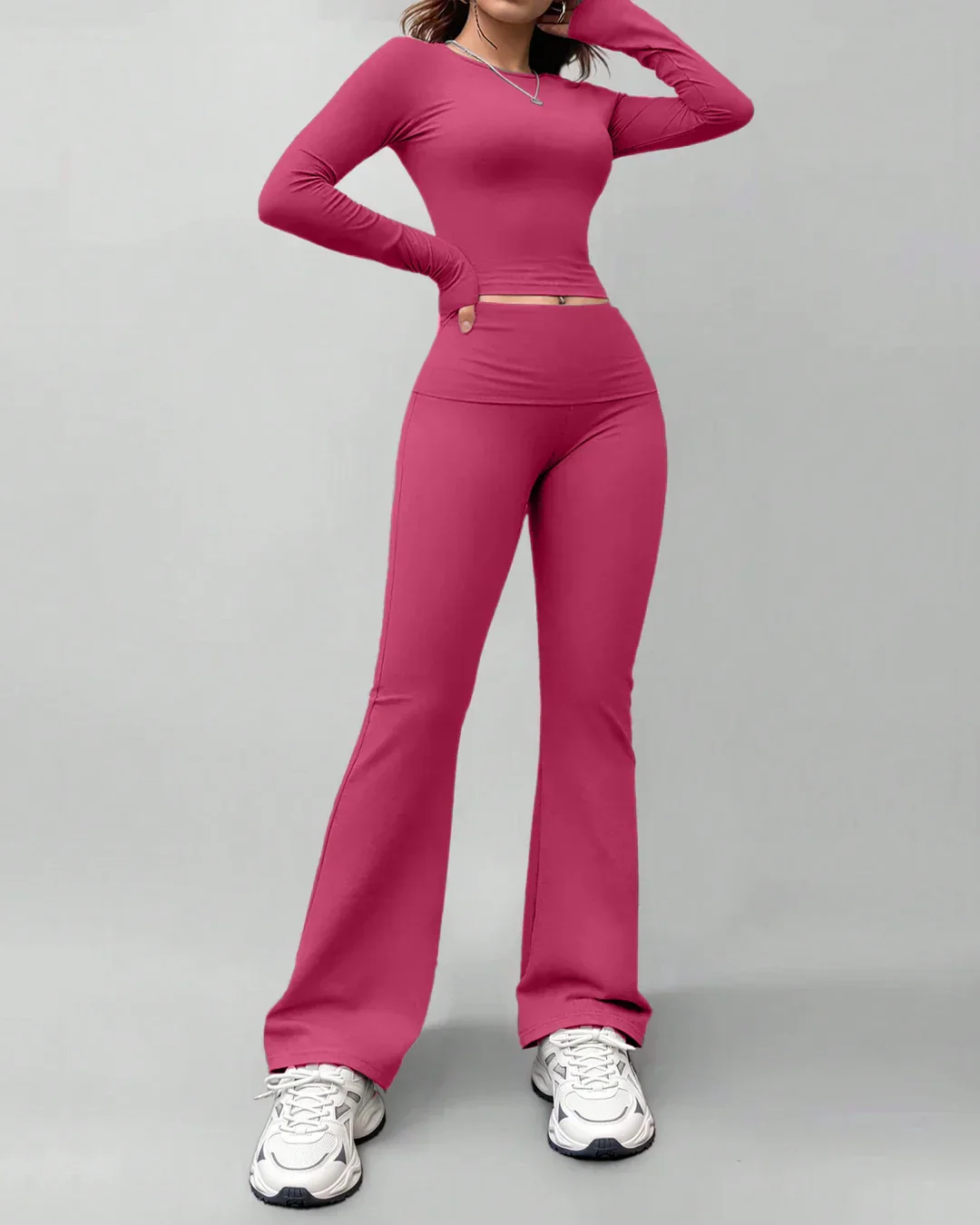 Round Neck Long Sleeve Fitted Top & Straight-Leg Pants Set in Ruby - Image 3