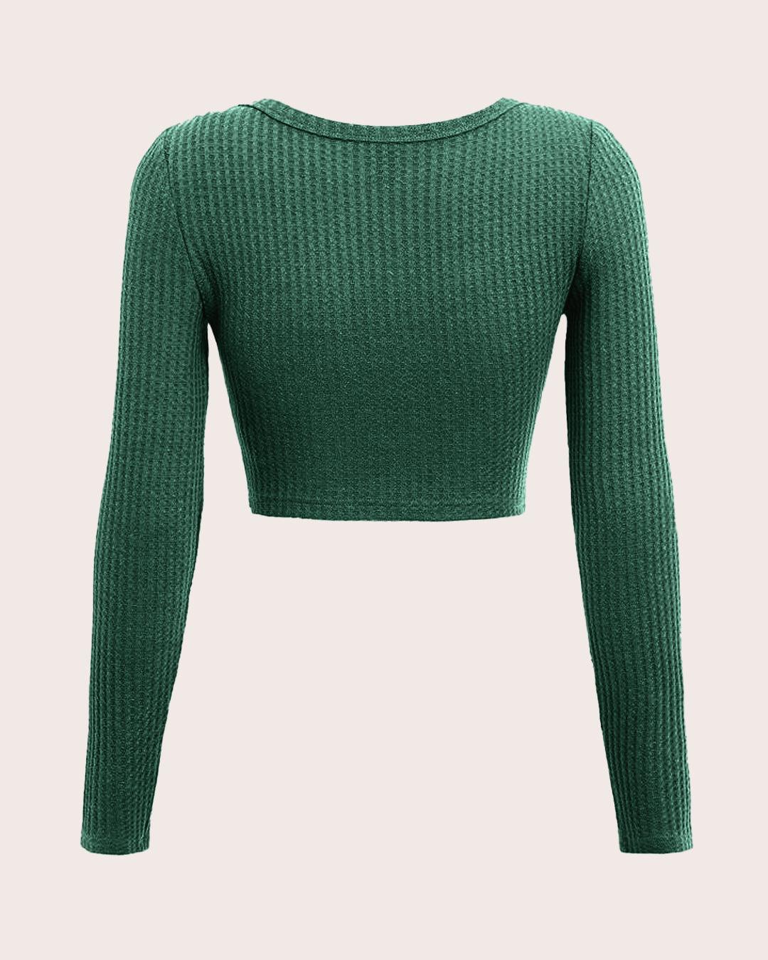 Round Neck Long Sleeves Fitted Green Crop Top - Image 2