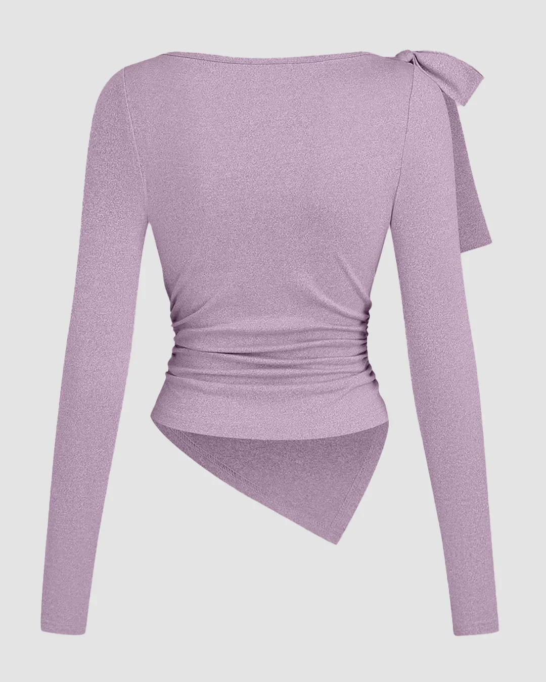 Round Neck Shoulder Tie Bow Asymmetric Hem Ruched Long Sleeve Top in Lilac - Image 2