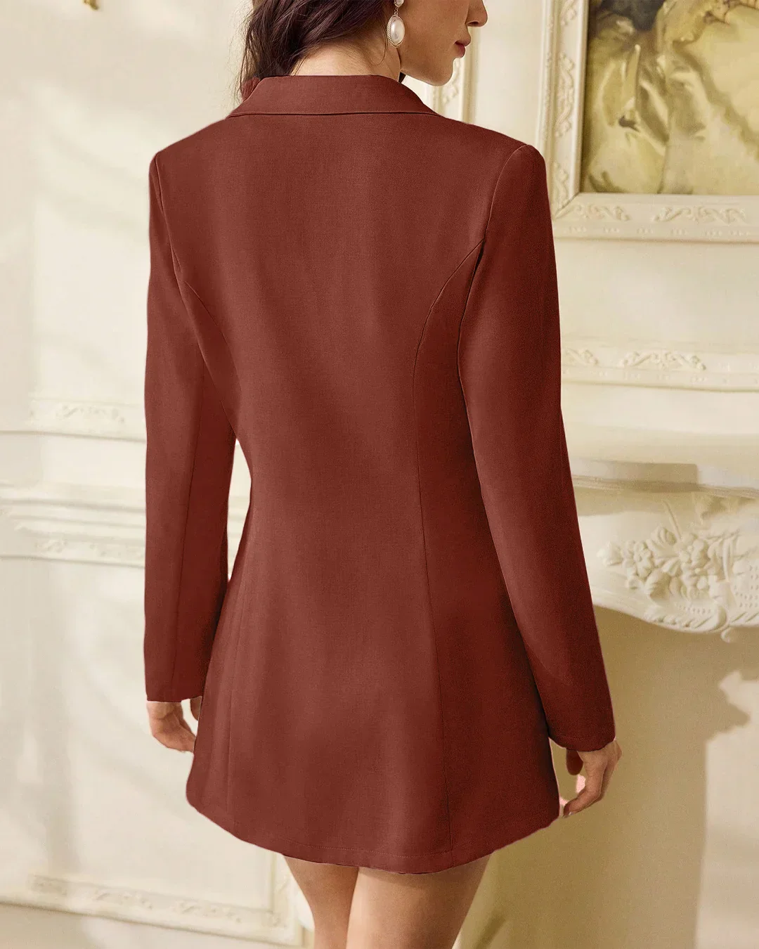 Round Neck Slim Fit A-Line Hem Long Sleeve Knee-Length Blazer and Sleeveless Dress Set in Rust - Image 2