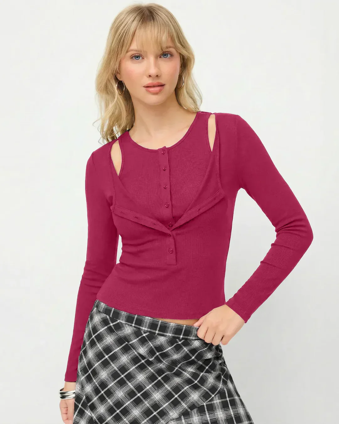 Round Neck Slim Fit Straight Hem Full Sleeve Top in Ruby - Image 3