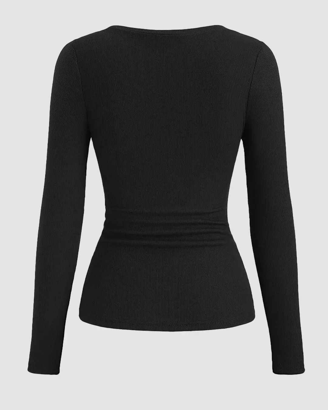 Round Neck Slim-Fit Straight Hem Solid Long Sleeve Top in Black - Image 2