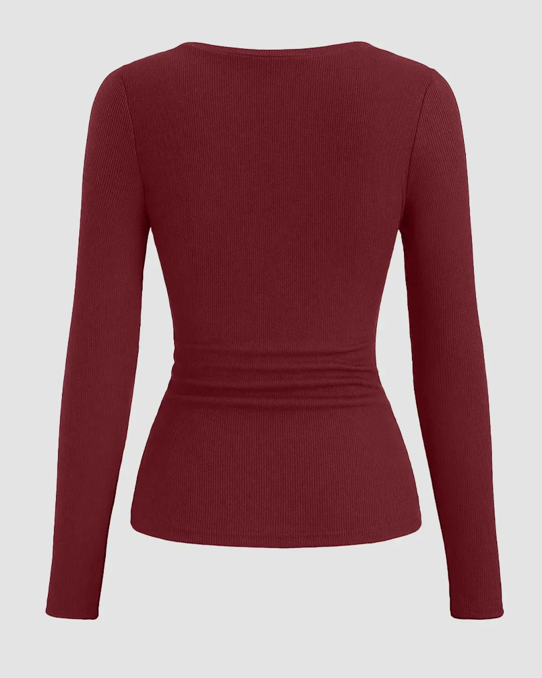 Round Neck Slim-Fit Straight Hem Solid Long Sleeve Top in Maroon - Image 2