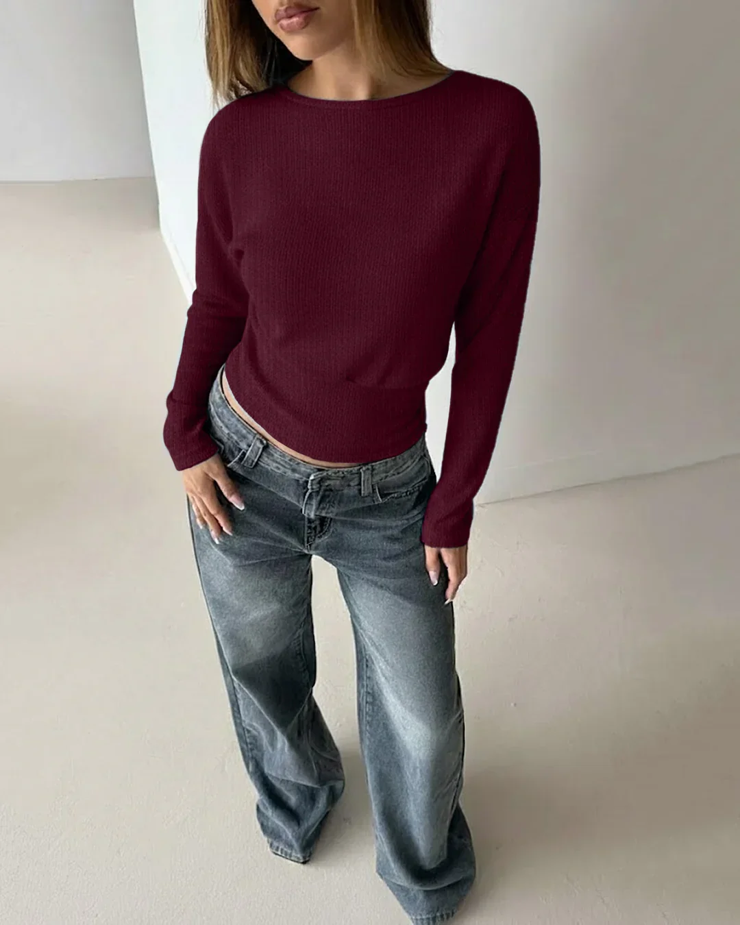 Round Neck Waist-Cinched Slim Fit Straight Hem Solid Long Sleeve Top in Maroon - Image 3
