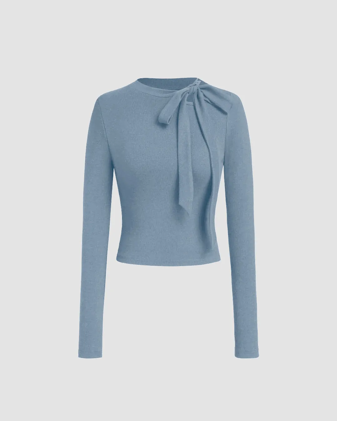 Round Neckline Knotted Long Sleeve Top In Dusty Blue