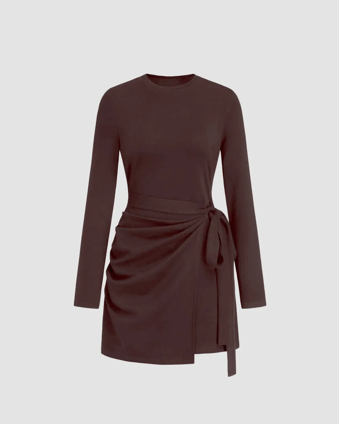 Round Neckline Knotted Wrap Mini Dress in Chocolate