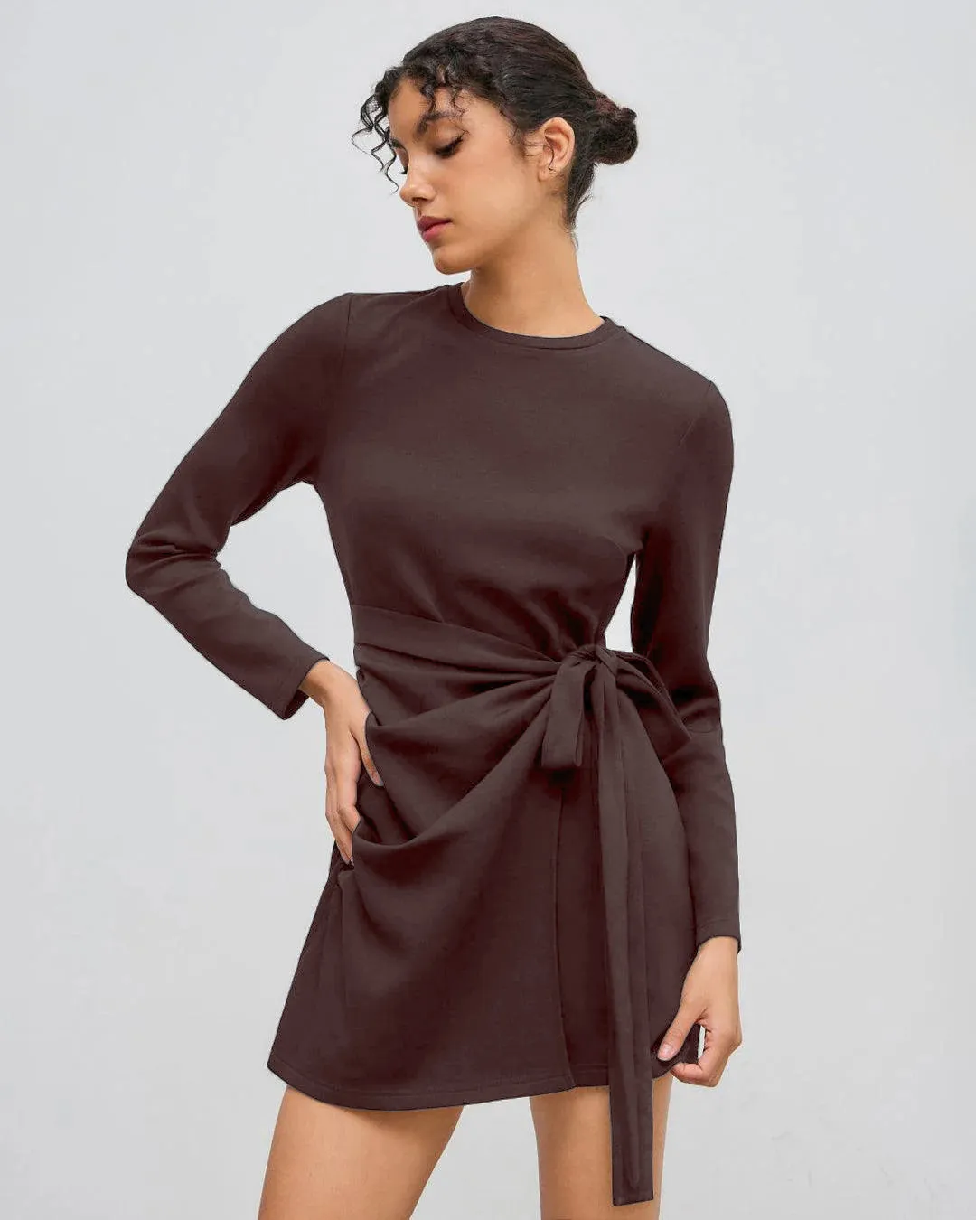 Round Neckline Knotted Wrap Mini Dress in Chocolate - Image 2