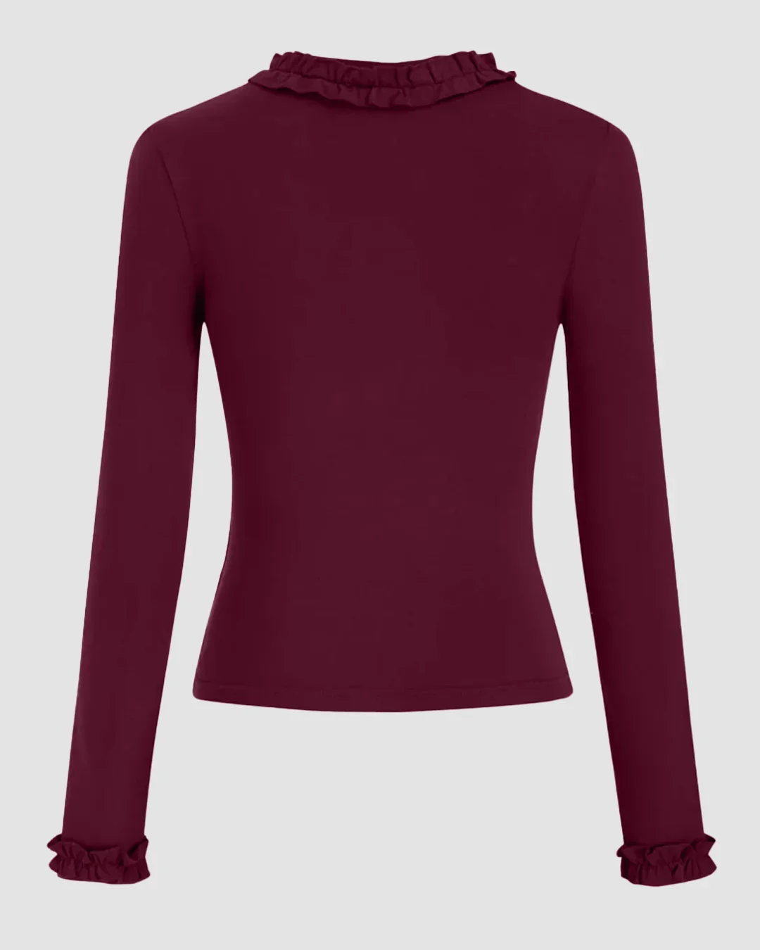 Round Neckline Long Sleeve Ruffle Trim Top in Burgundy - Image 2