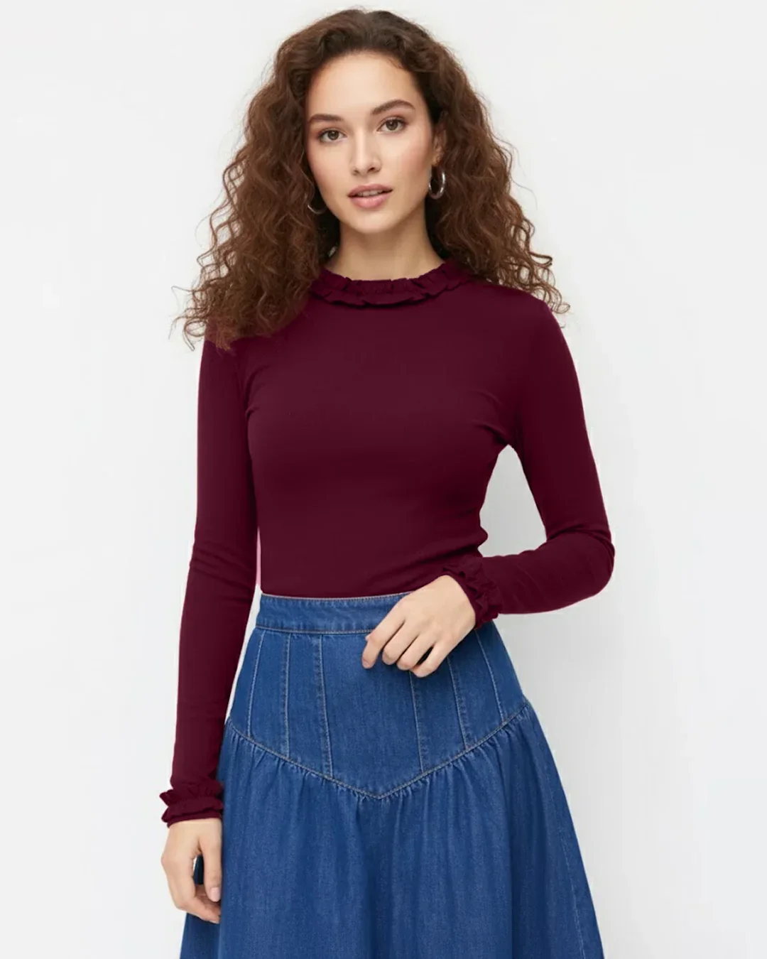 Round Neckline Long Sleeve Ruffle Trim Top in Burgundy - Image 3
