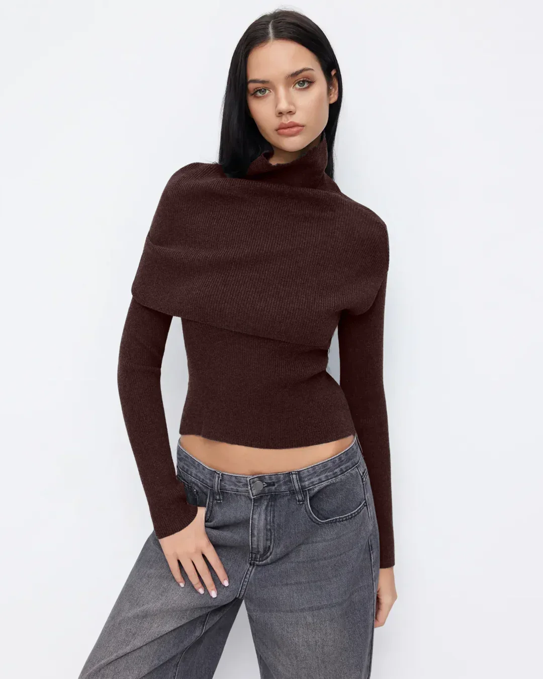 Round Neckline Long Sleeve Top With High Neck Wrap in Chocolate Fondae - Image 3