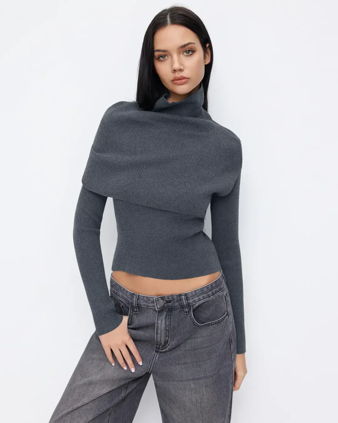 Round Neckline Long Sleeve Top With High Neck Wrap in Dark Grey - Image 3