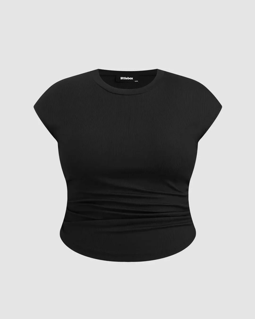 Round Neckline Ruched Solid Short Sleeve Black Top Curve & Plus - Image 3