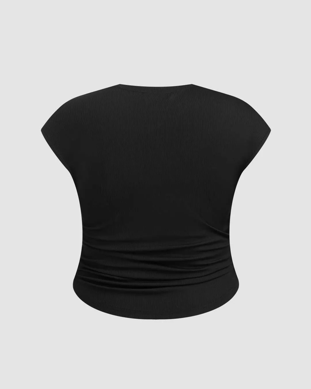 Round Neckline Ruched Solid Short Sleeve Black Top Curve & Plus - Image 4