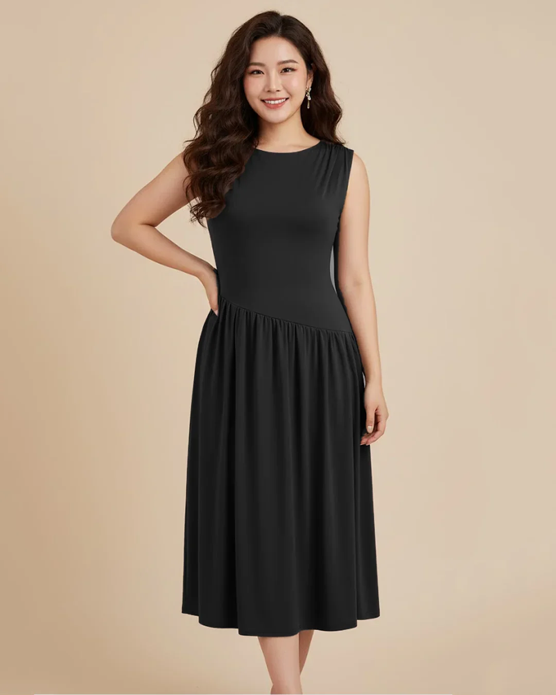 Round Neckline Ruffle Ruched Lace Up Midi Dress Curve & Plus in Black - Image 2