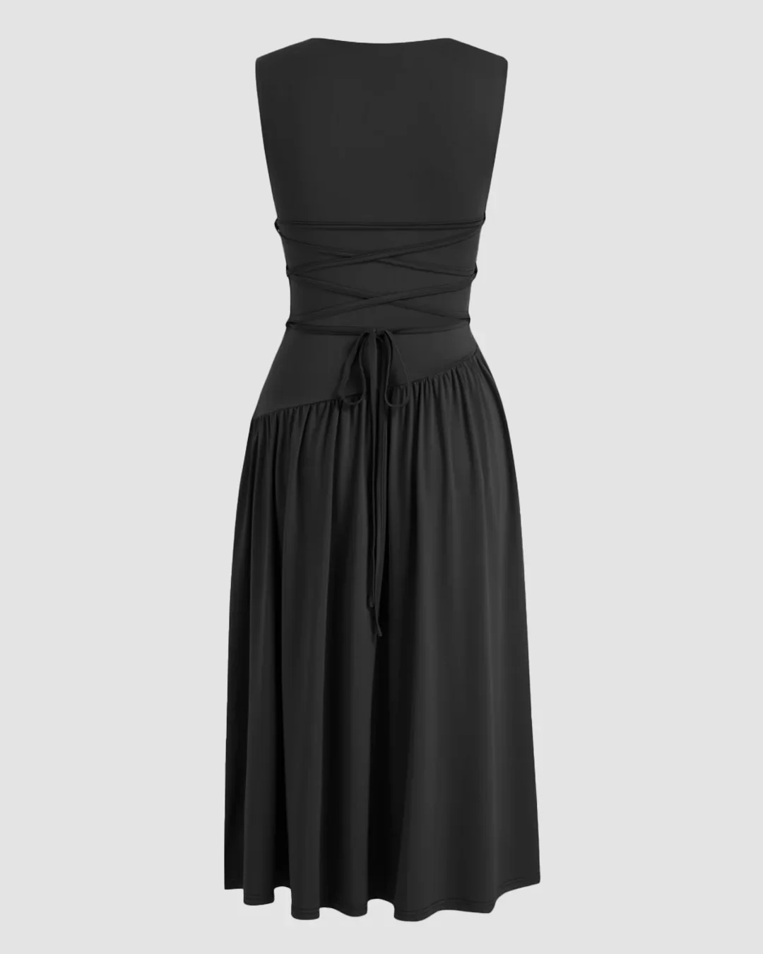 Round Neckline Ruffle Ruched Lace Up Midi Dress Curve & Plus in Black - Image 3