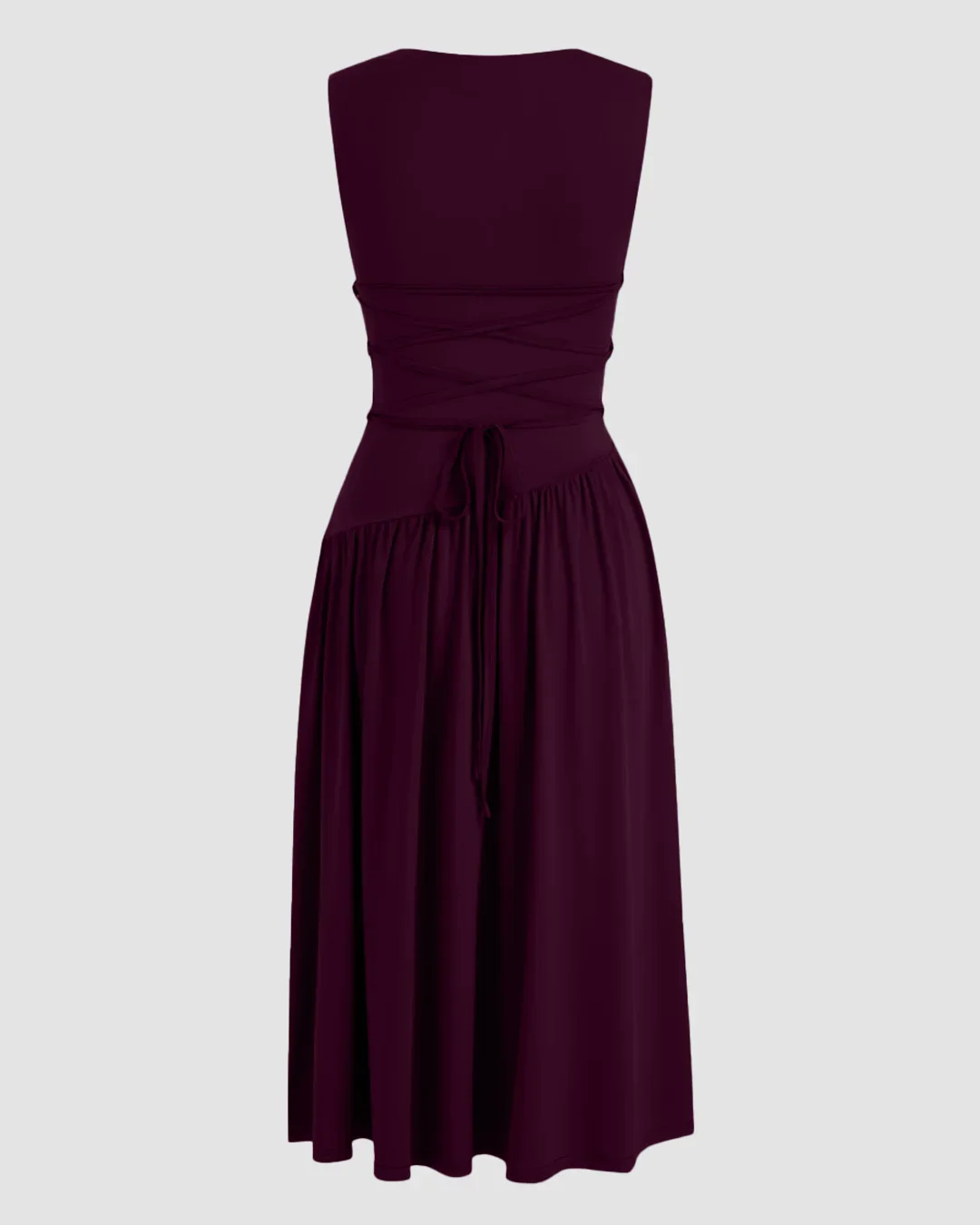 Round Neckline Ruffle Ruched Lace Up Midi Dress Curve & Plus in Maroon - Image 2