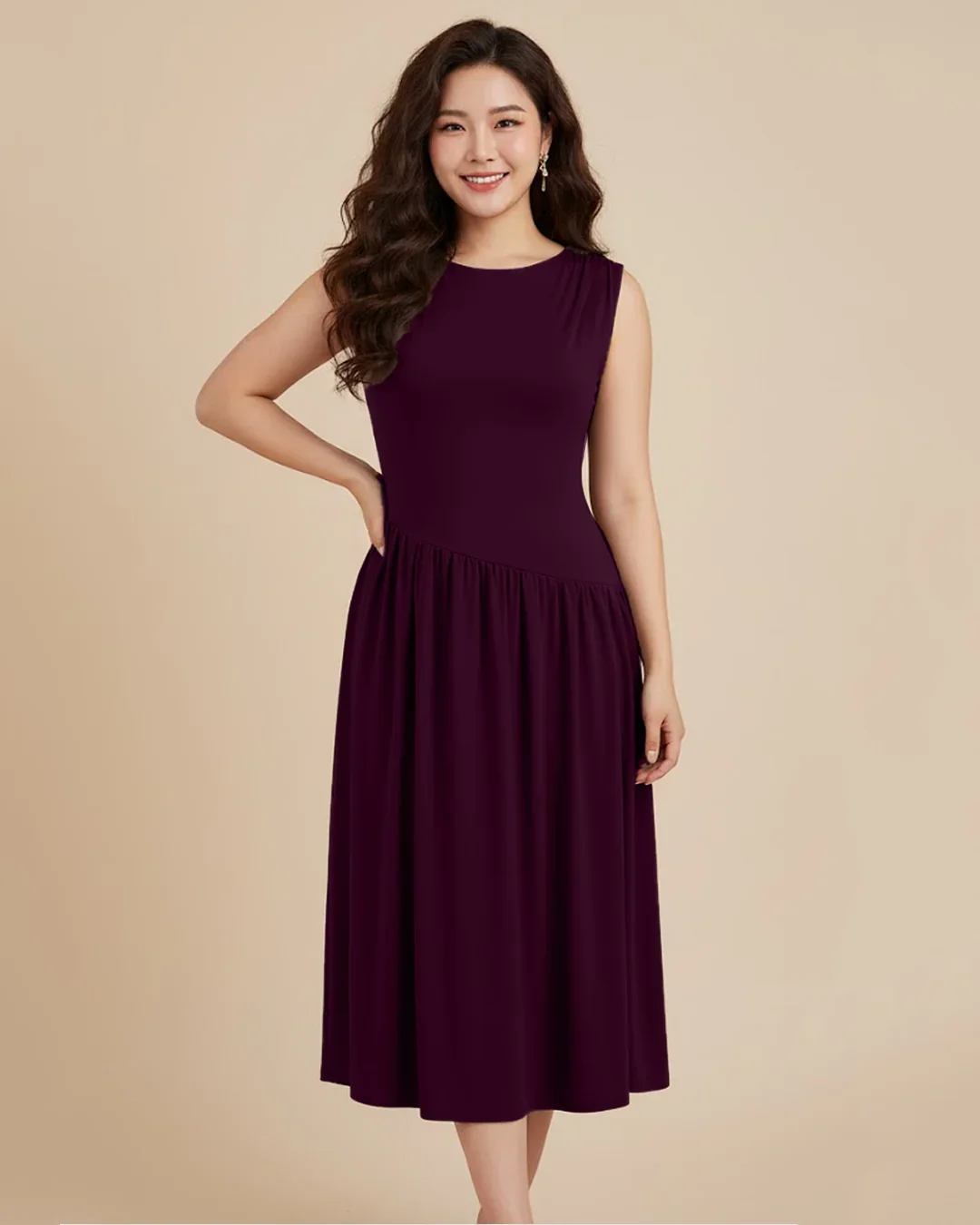 Round Neckline Ruffle Ruched Lace Up Midi Dress Curve & Plus in Maroon - Image 3