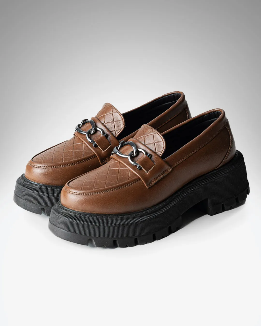 Round Toe Chunky Loafers With Silver Chain - Image 2