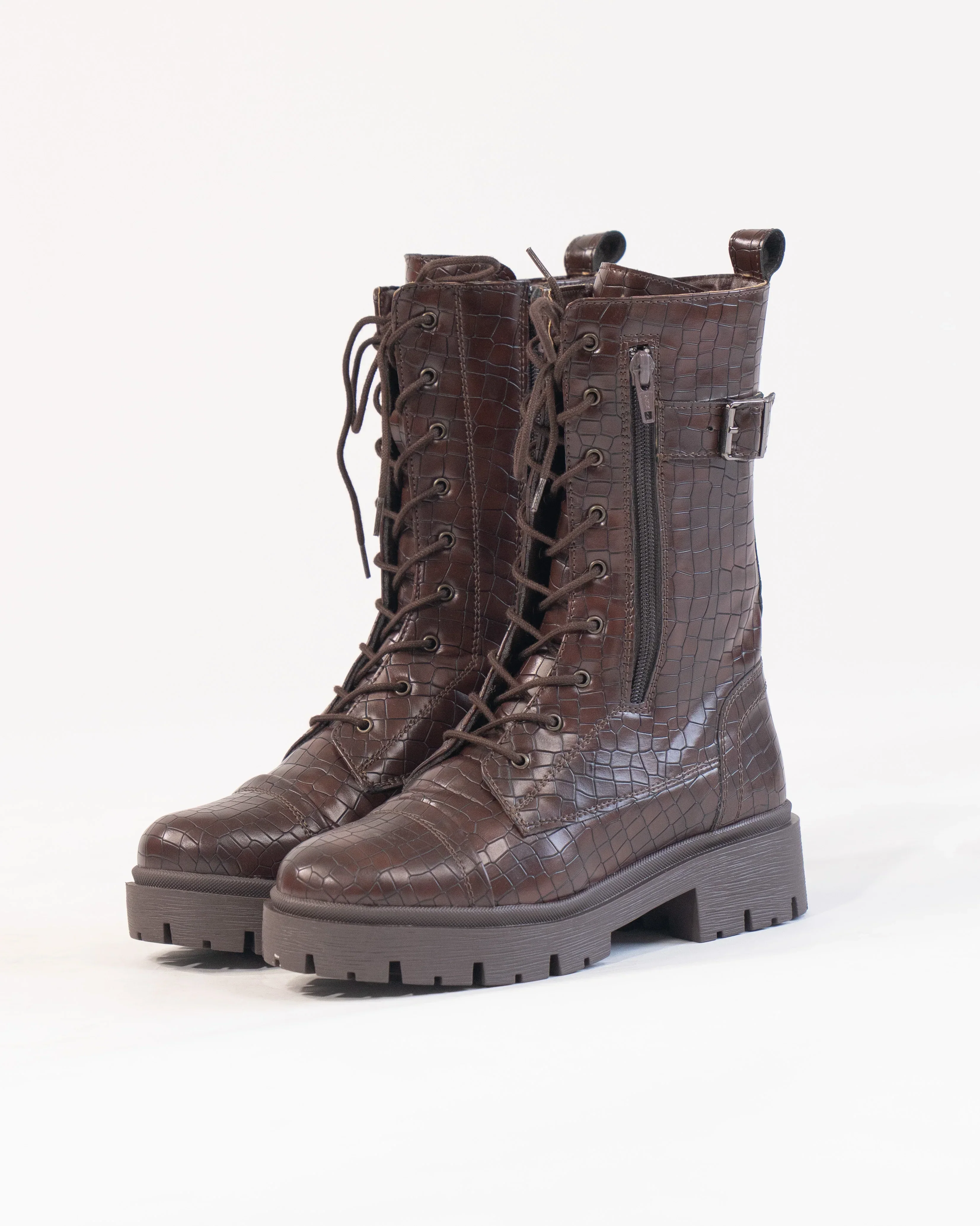 Round Toe Croco Textured Lace Up Boots In Brown - Image 3