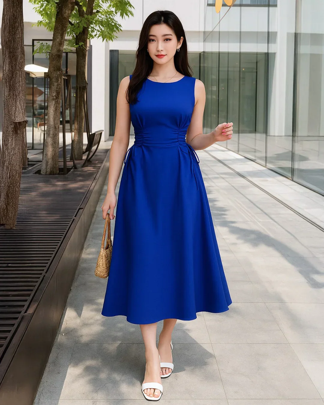 Royal Blue Sleeveless Midi Dress with Side Ruched Detail - Image 2