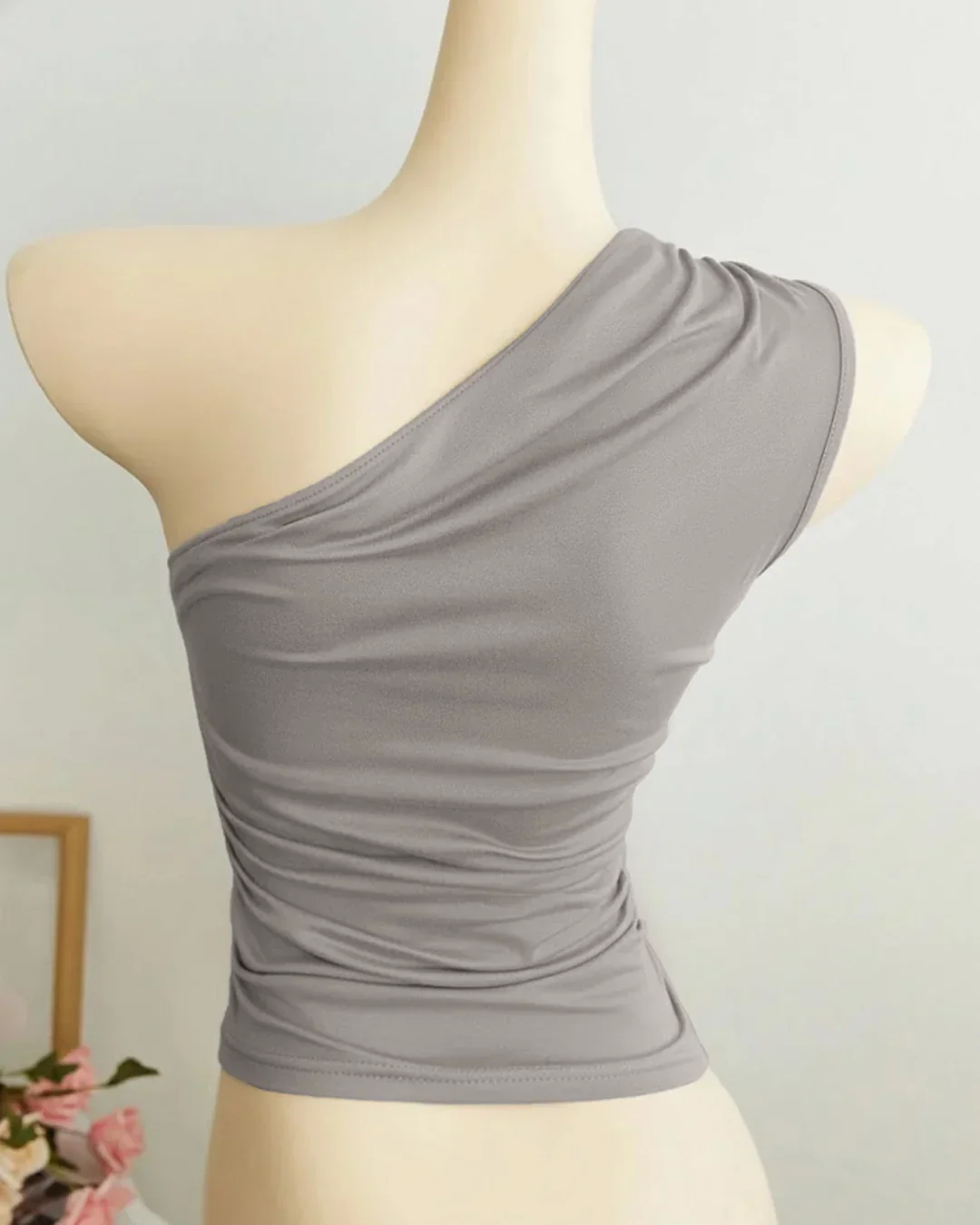 Ruched Asymmetrical Neck Sleeveless Fitted Top in Grey - Image 3