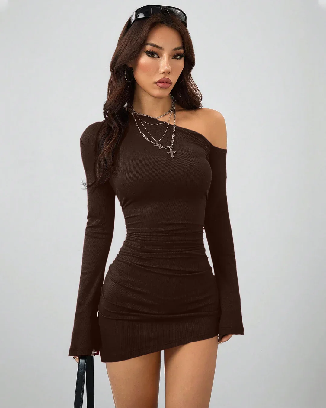 Ruched Asymmetrical Neck Slim Fit Party Dress in Brown - Image 2