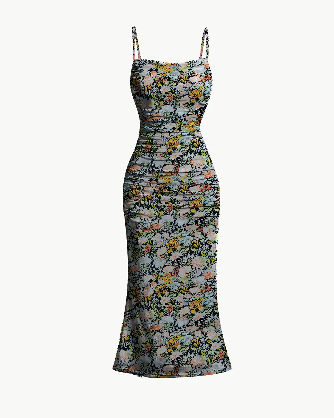 Ruched Bodycon Dress With Floral Spaghetti Straps