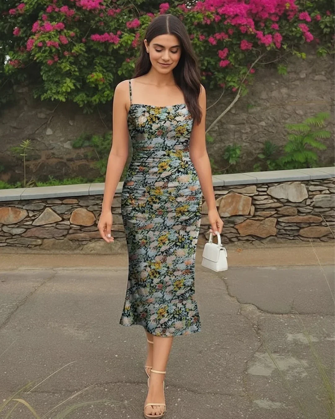 Ruched Bodycon Dress With Floral Spaghetti Straps - Image 2