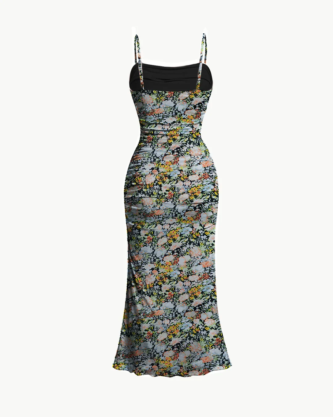 Ruched Bodycon Dress With Floral Spaghetti Straps - Image 3