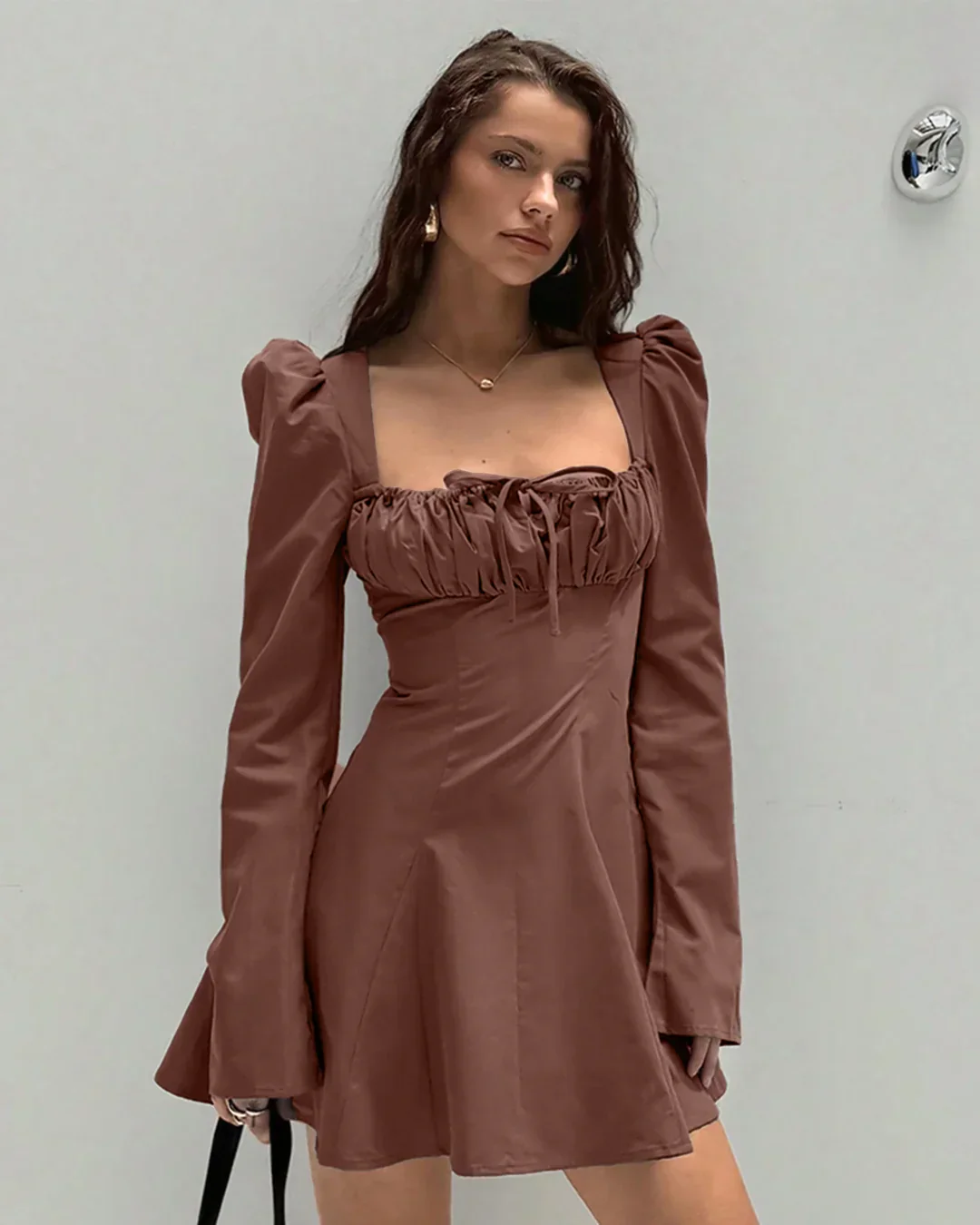Ruched Bust Full Sleeve A-Line Mini Dress in Brown - Image 2