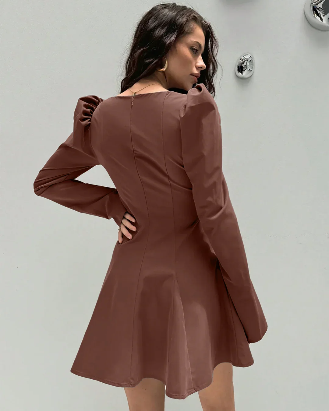 Ruched Bust Full Sleeve A-Line Mini Dress in Brown - Image 3
