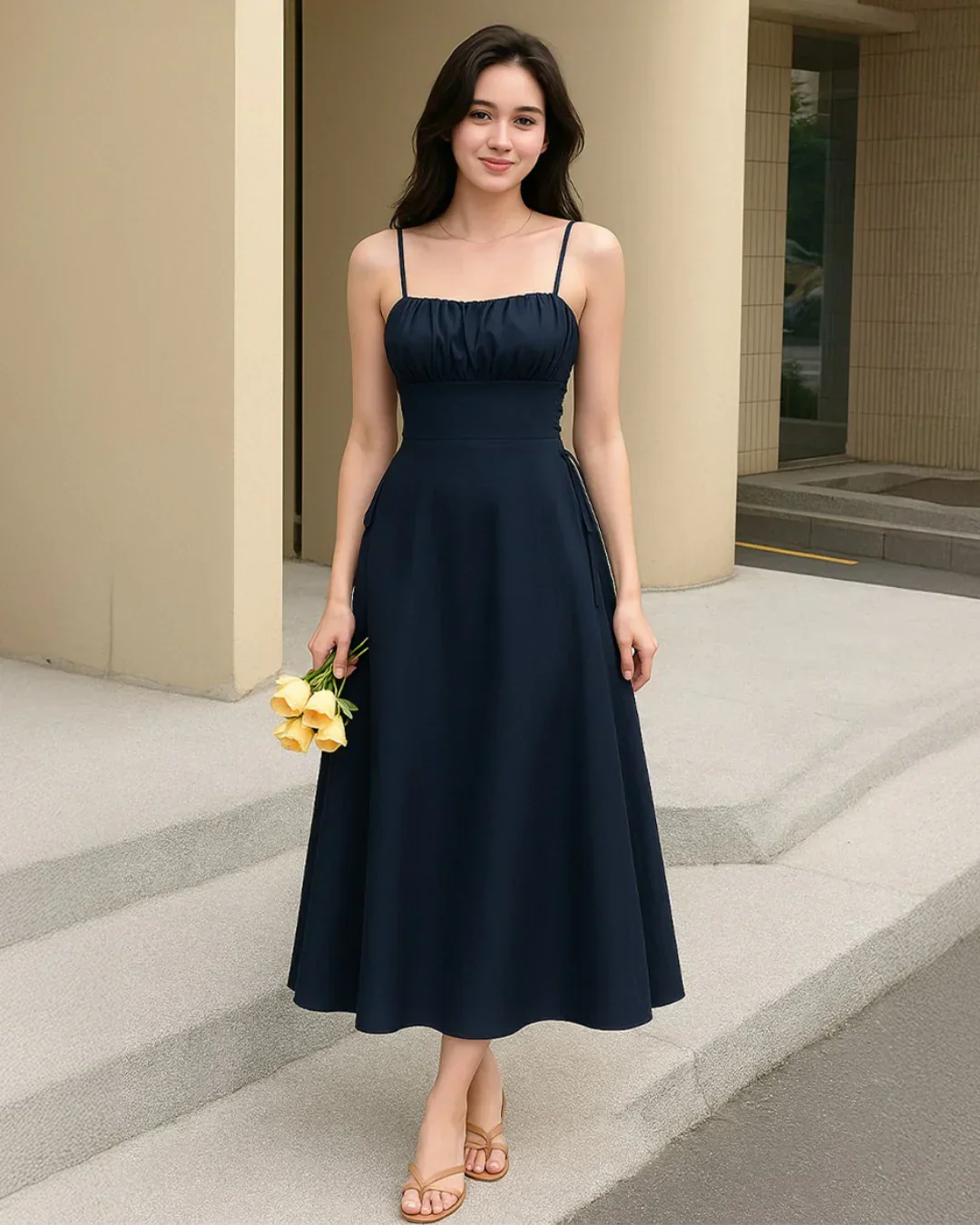 Ruched Bust Lace Up Side Spaghetti Straps Cami Dress In Navy Blue - Image 2