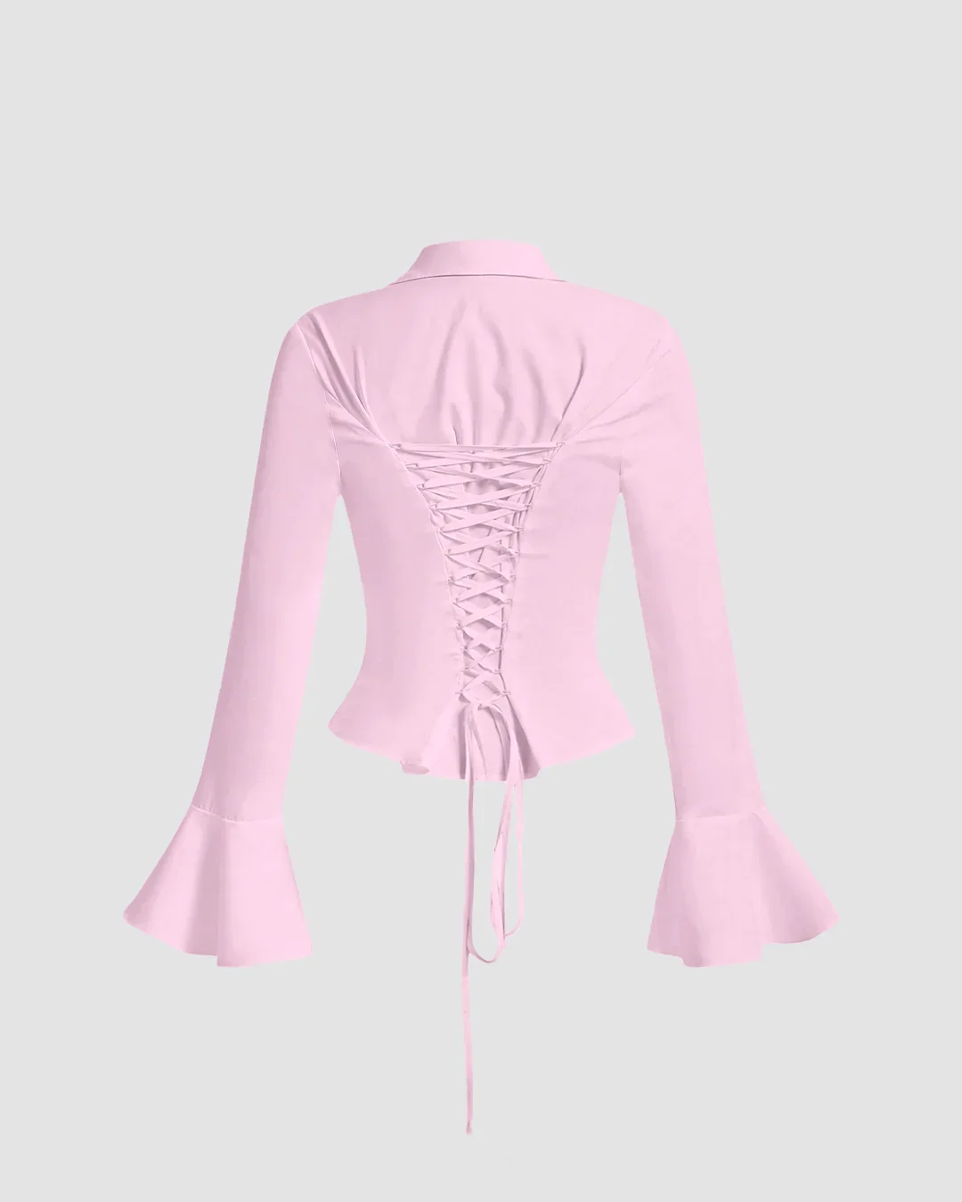 Collared Neck Ruched Front Bell Sleeve Shirt in Pink - Image 3